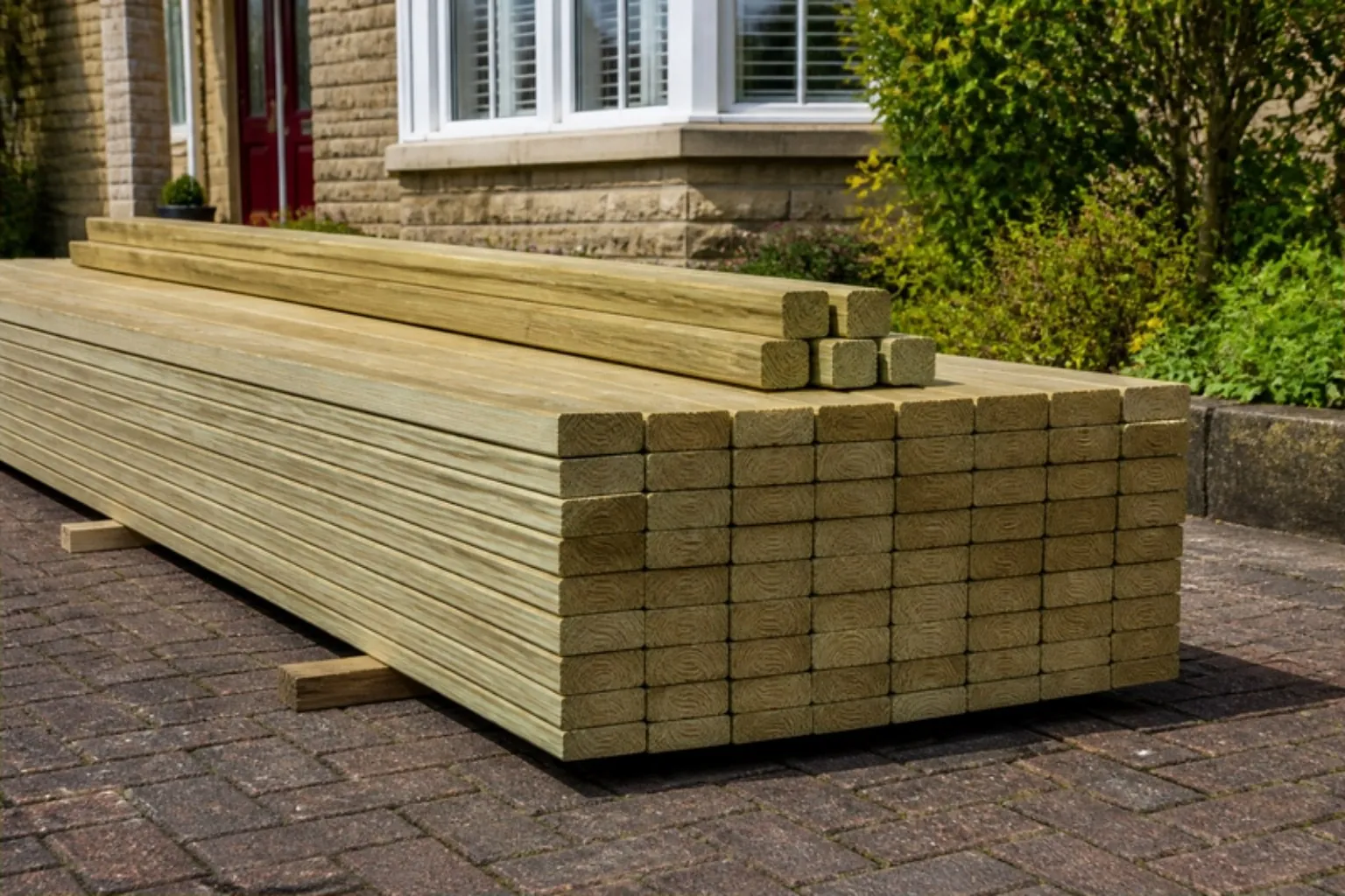 Fence boards and rails stacked on bearers on a driveway