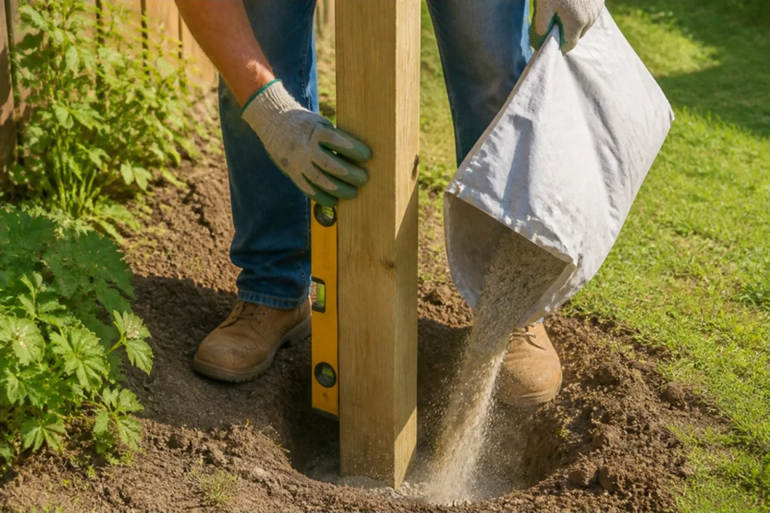 Gloved hands holding a fence post level while pouring dry post mix into the hole