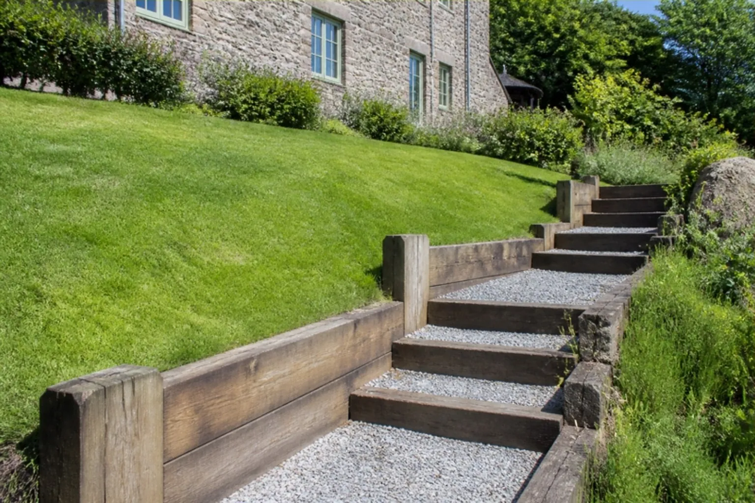 Sleeper steps and edging on a sloping garden