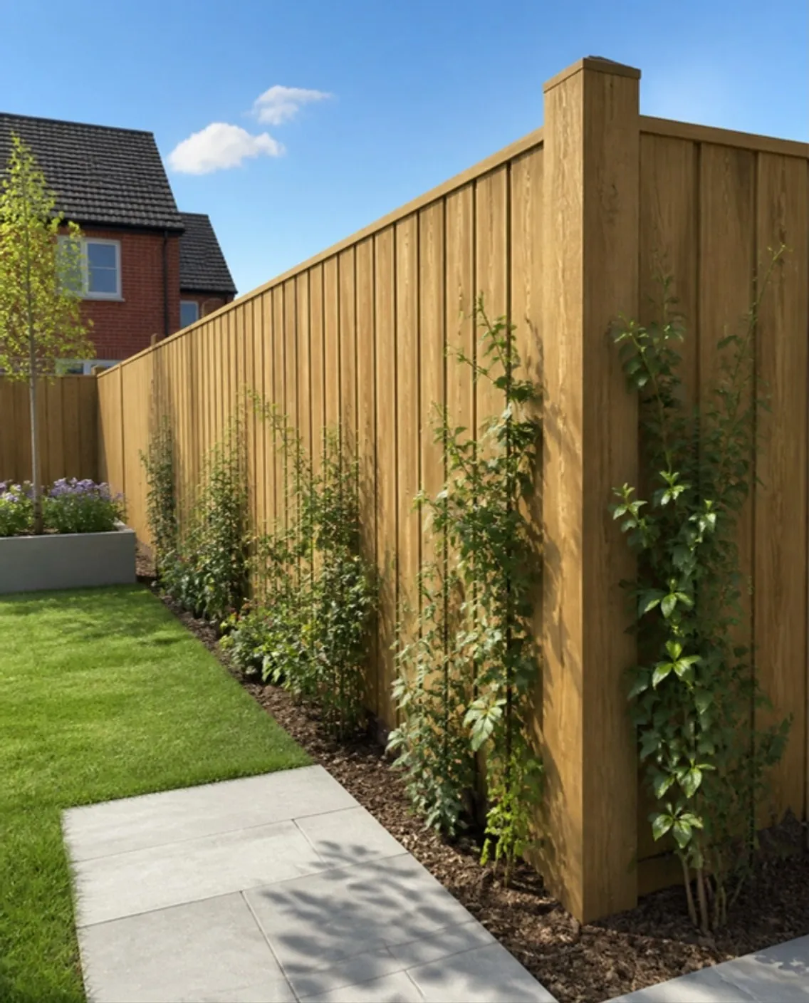 Tall new timber fence corner in a new-build garden